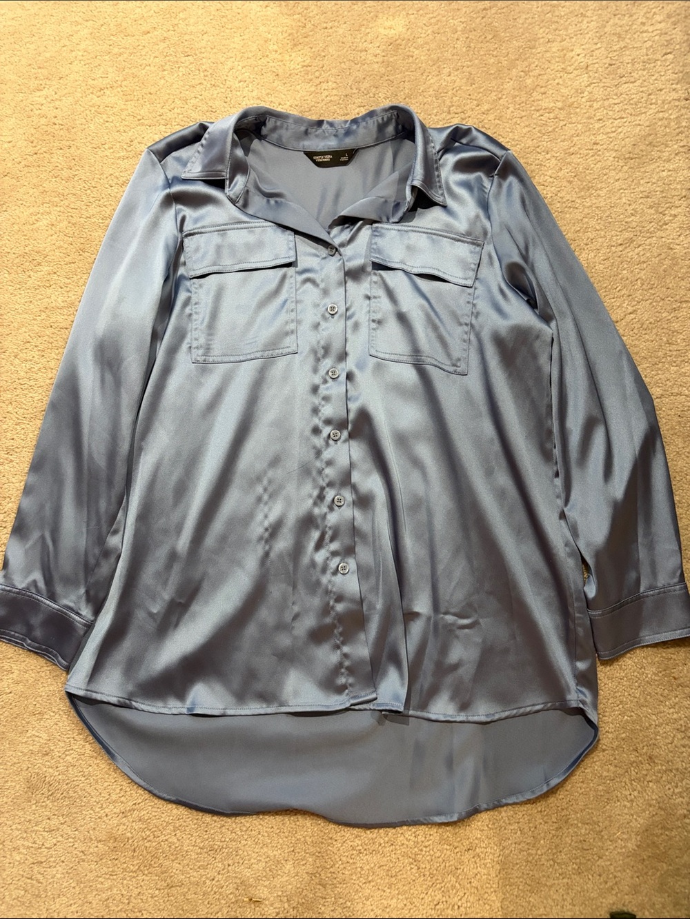Satin Button-Front Longline Blouse - Steel Blue